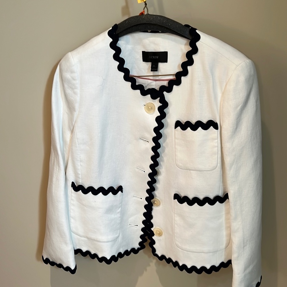 JCrew White Linen Blazer with Blue Ribbon Detail.